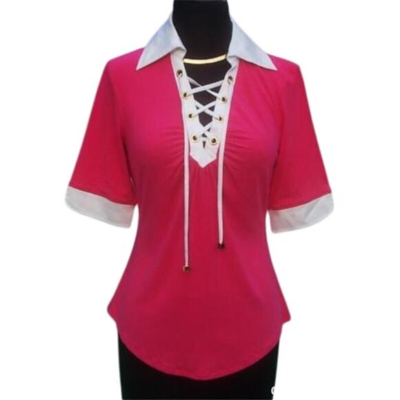 Cache Pink Lace Up Front Ruched Bust Stretch Top New Rayon Spandex $88 NWT - Picture 1 of 4